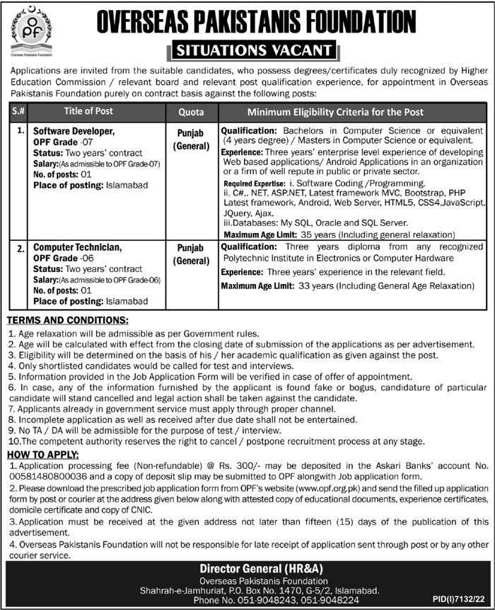 IT Staff Jobs In Overseas Pakistanis Foundation OPF